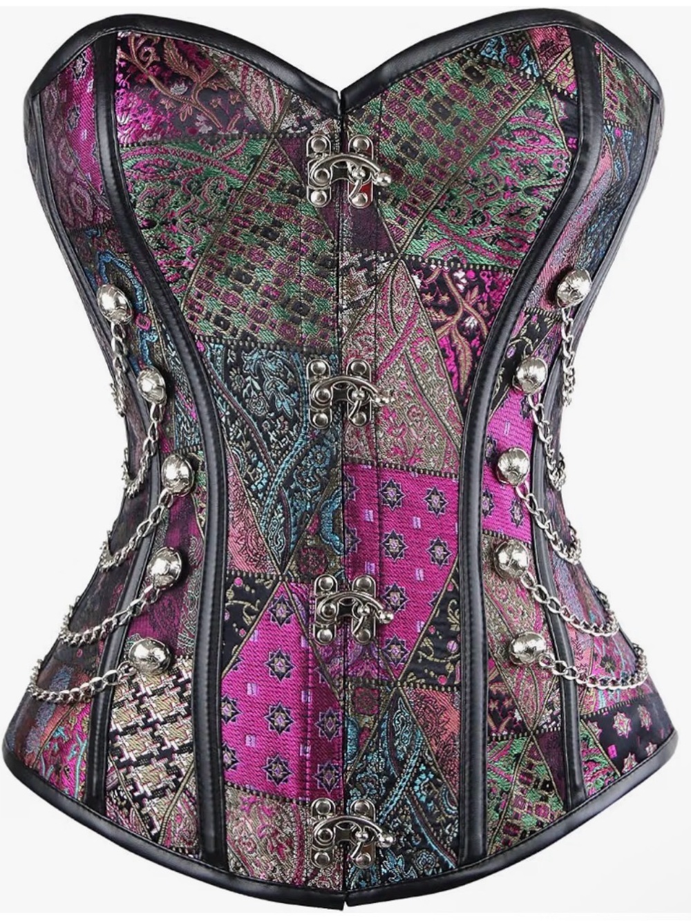 Patchwork Brocade Overbust Corset in Fuchsia and Jewel Tones